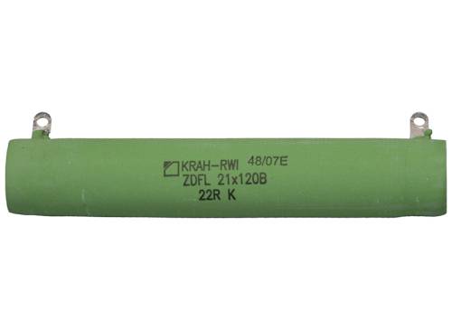 Zelený valcový elektrický odpor s upevňovacími jazýčkami, s nápisom: 'KRAH-RWI 48/07E ZDFL 21x120B 22R K'.