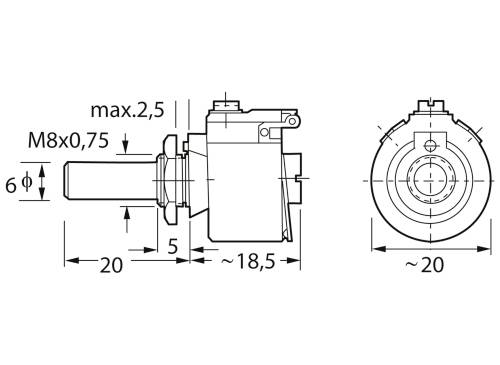 Technický výkres mechanickej komponenty s rozmermi: celková dĺžka 20 mm, priemer 6 mm, závit M8x0,75, výška 18,5 mm.