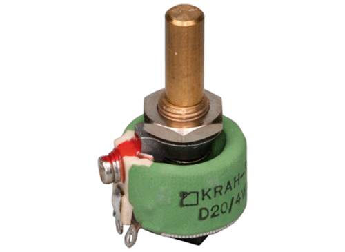 Zobrazený predmet je rotačný potenciometer so zeleným krytom a kovovým otočným gombíkom, určený pre elektronické aplikácie.