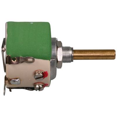 Potenciometer so zeleným krytom a kovovou osou. Má svorky a skrutkovú svorku. Používa sa na ovládanie elektronických zariadení.