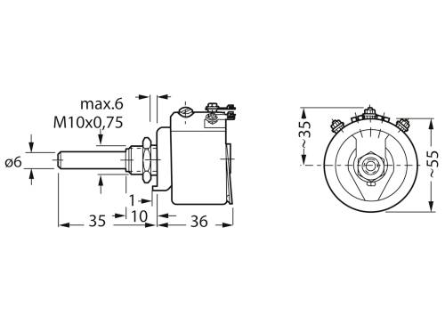 Obrázok zobrazuje technický výkres valcovej súčasti s rozmermi. Značenia: M10x0,75, priemer 6 mm, dĺžka 55 mm.