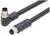Dva čierne prepájacie káble s priemyselnými M12 konektormi, jeden s pravouhlým a druhý s priamym zakončením. Vhodné pre elektronické pripojenia.