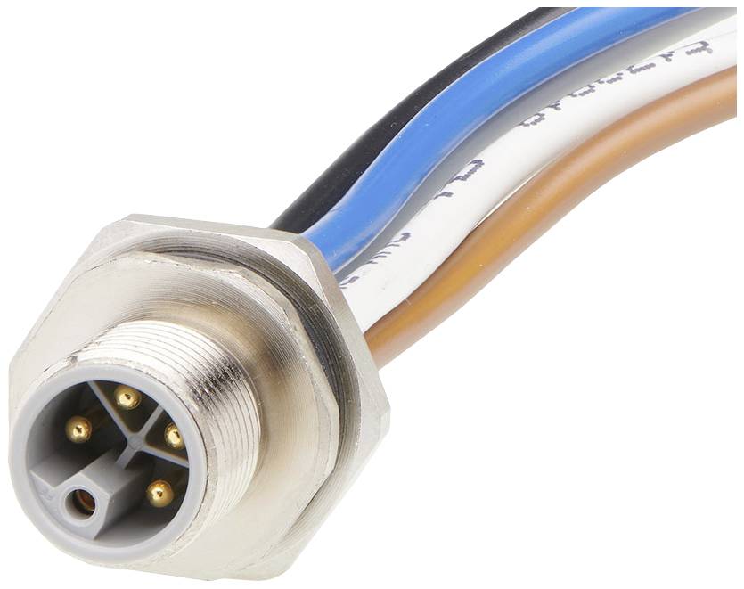 Elektrotechnická zástrčka so štyrmi káblami v rôznych farbách (modrá, čierna, hnedá, biela), ktoré sa používajú na prenos signálu.