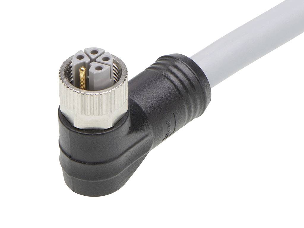 Elektrický konektor v uhlovom prevedení s plastovým krytom a kovovým kontaktom na sivom kábli.