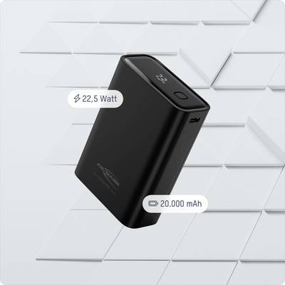 Čierna powerbanka s výkonom 22,5 wattov a kapacitou 20 000 mAh na sivom pozadí s geometrickým vzorom.