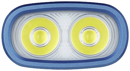 Detailný záber dvojitej šošovky so žltými LED svetlami v modrom ráme, pravdepodobne súčasť baterky alebo svietidla.