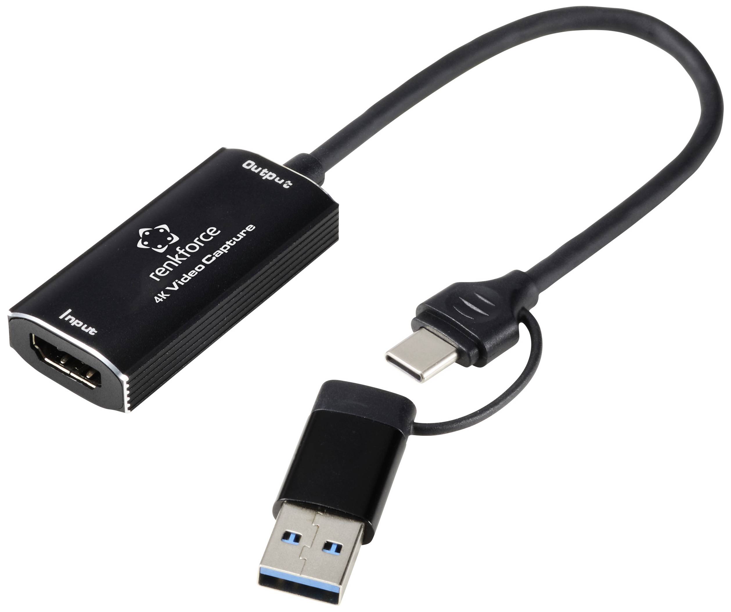 Čierny USB video capture adaptér s HDMI vstupom a USB portom, používaný na zachytávanie video a audio signálov.