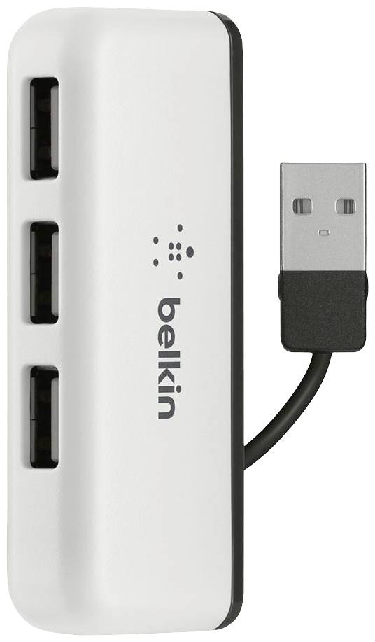 Rozbočovač Belkin s tromi USB portami a pevne integrovaným USB káblom. Kompaktný v bielej a čiernej farbe, ideálny pre ďalšie pripojenie.