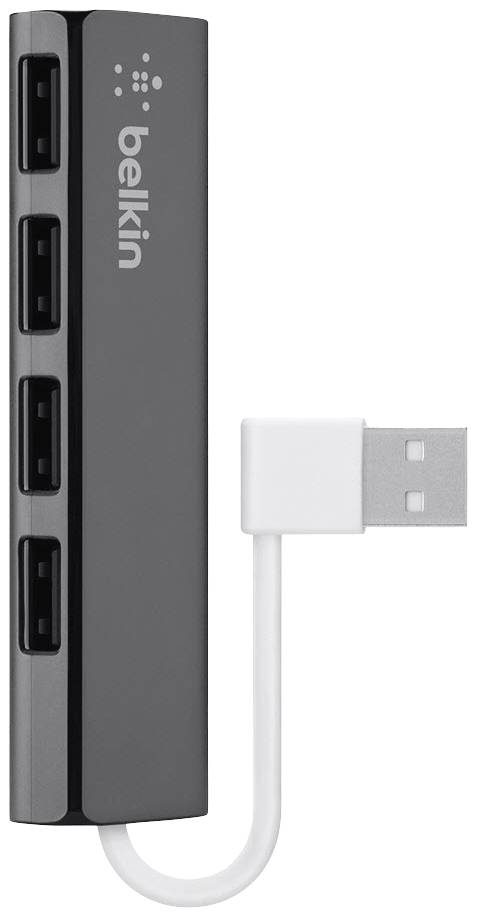 USB hub so štyrmi portami a integrovaným káblom. Vertikálne orientovaný, s logom značky na ľavej strane.