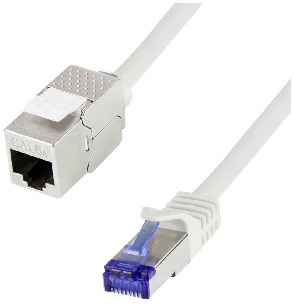 Sieťový kábel Cat-6A s RJ45 zástrčkou a zásuvkou. Zástrčka má modrý klip. Vhodný pre vysokorýchlostný prenos dát.