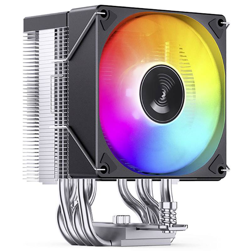 Chladič CPU s integrovaným RGB ventilátorom a kovovými chladiacimi rebrami, vhodný pre chladenie výkonu počítača.