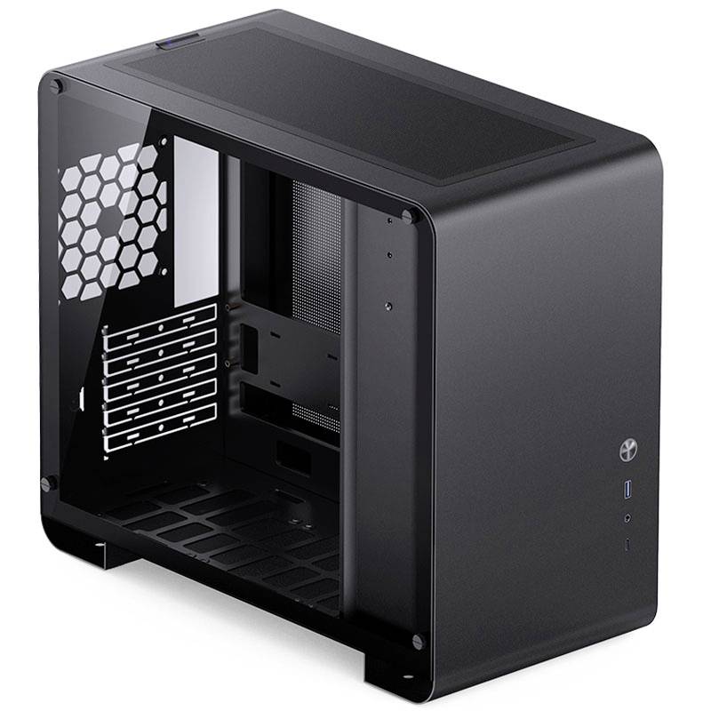 Čierna PC skrinka s preskleným bočným oknom, ktorá odhaľuje prázdne pozície pre mechaniky a vetracie otvory na zadnej strane.