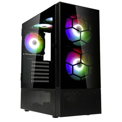 Čierna počítačová skrinka s priesvitnou stranou odhaľuje farebne podsvietené RGB ventilátory vo vnútri.