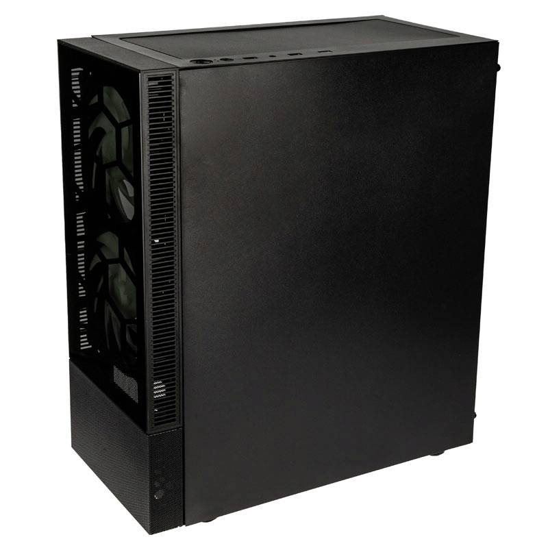 Čierna PC skrinka s hladkým, minimalistickým povrchom. Má vetracie otvory na boku a vrchu.