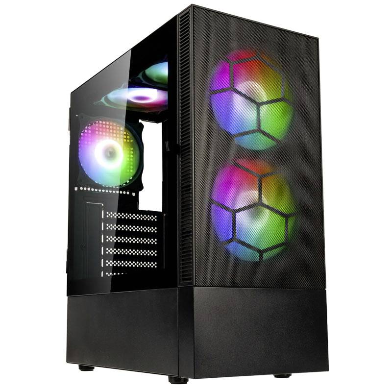 Čierna PC skrinka s bočným oknom. Dva svietiace ventilátory na prednej strane a jeden svietiaci vnútorný ventilátor, všetky s RGB podsvietením.