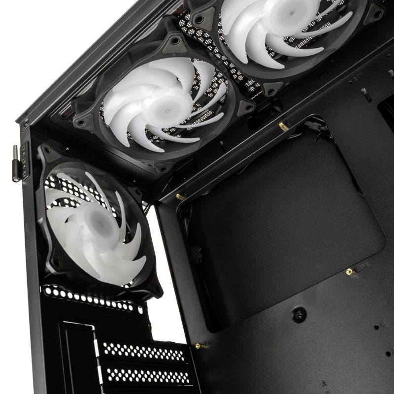 Vnútorný pohľad na PC skrinku s troma namontovanými ventilátormi v hornej a prednej časti. Ideálne na chladenie počítačového hardvéru.