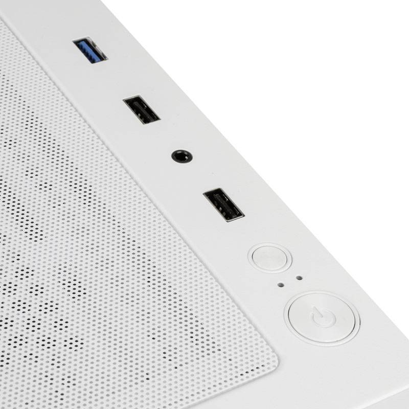 Počítačová skrinka s USB portami, audio konektorom a tlačidlom napájania na hornej strane.