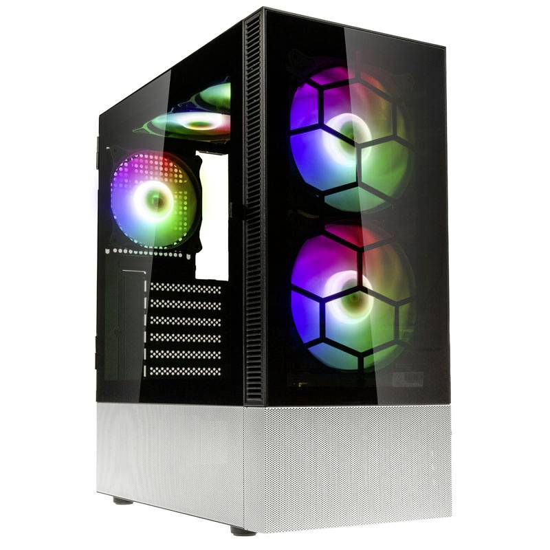 Počítačová skrinka s troma viditelnými ventilátormi, ktoré svietia v živých RGB farbách. Skrinka má hladký, čierny povrch.