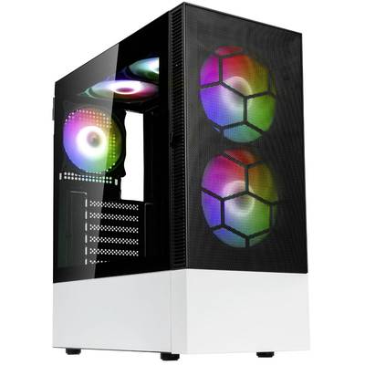 Biele PC púzdro so tvrdeným sklom, zobrazujúce farebné RGB ventilátory vpredu a vzadu, vhodné pre herné alebo vysoko výkonné počítače.