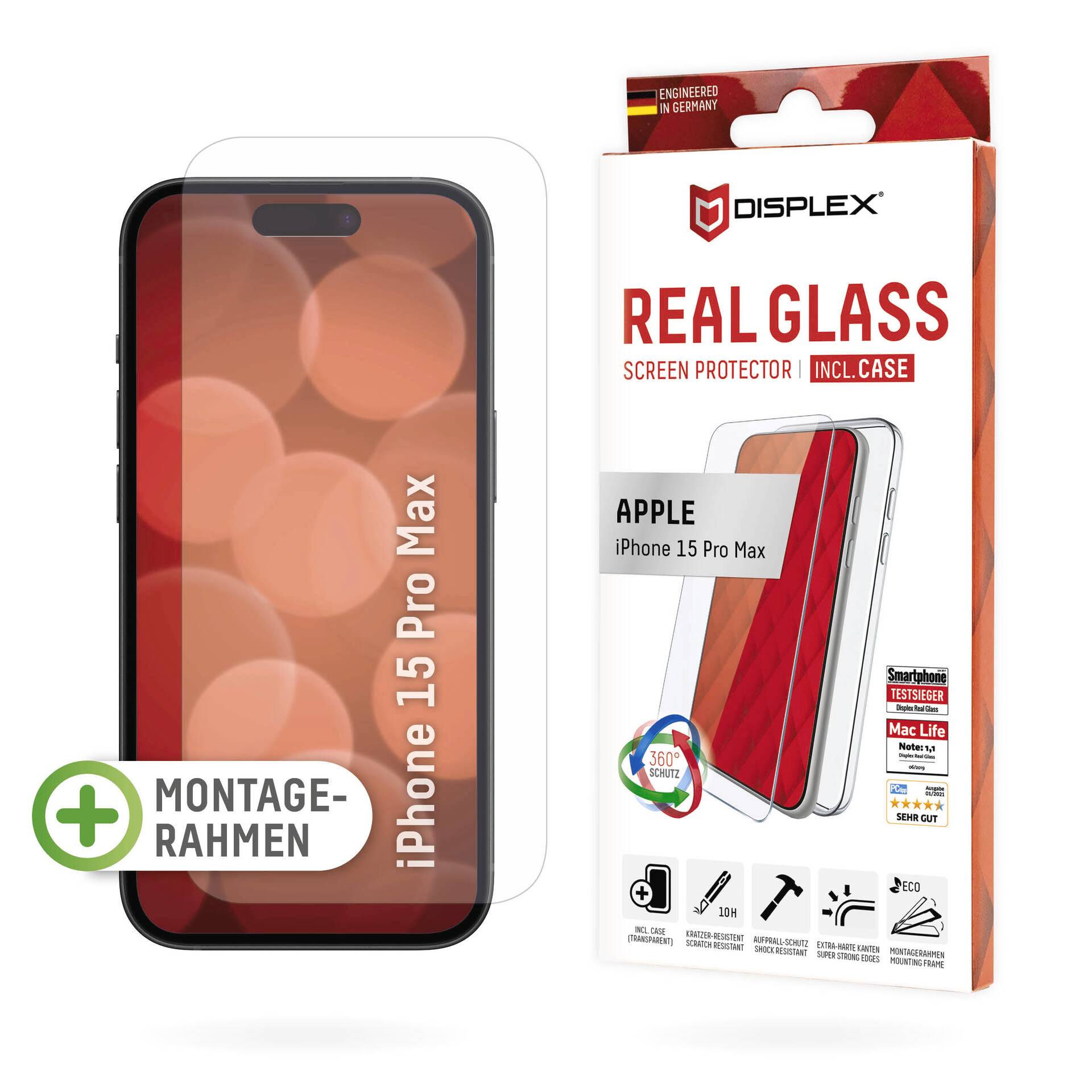 Ochranné sklo displeja z tvrdeného skla pre Apple iPhone 15 Pro Max s montážnym rámčekom, zabalené ako produkt Displex s robustným ochranným sľubom.