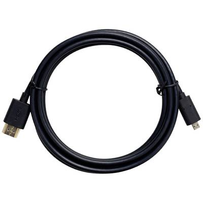 Čiernemu HDMI káblu uloženému do kruhu dominuje štandardný HDMI konektor na jednej strane a mikro-HDMI konektor na strane druhej.