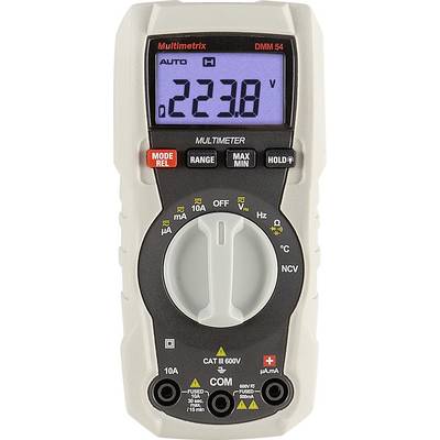 Digitálny multimeter zobrazuje '223,8 V' na displeji. Zariadenie meria elektronické hodnoty a má rôzne nastavovacie možnosti.
