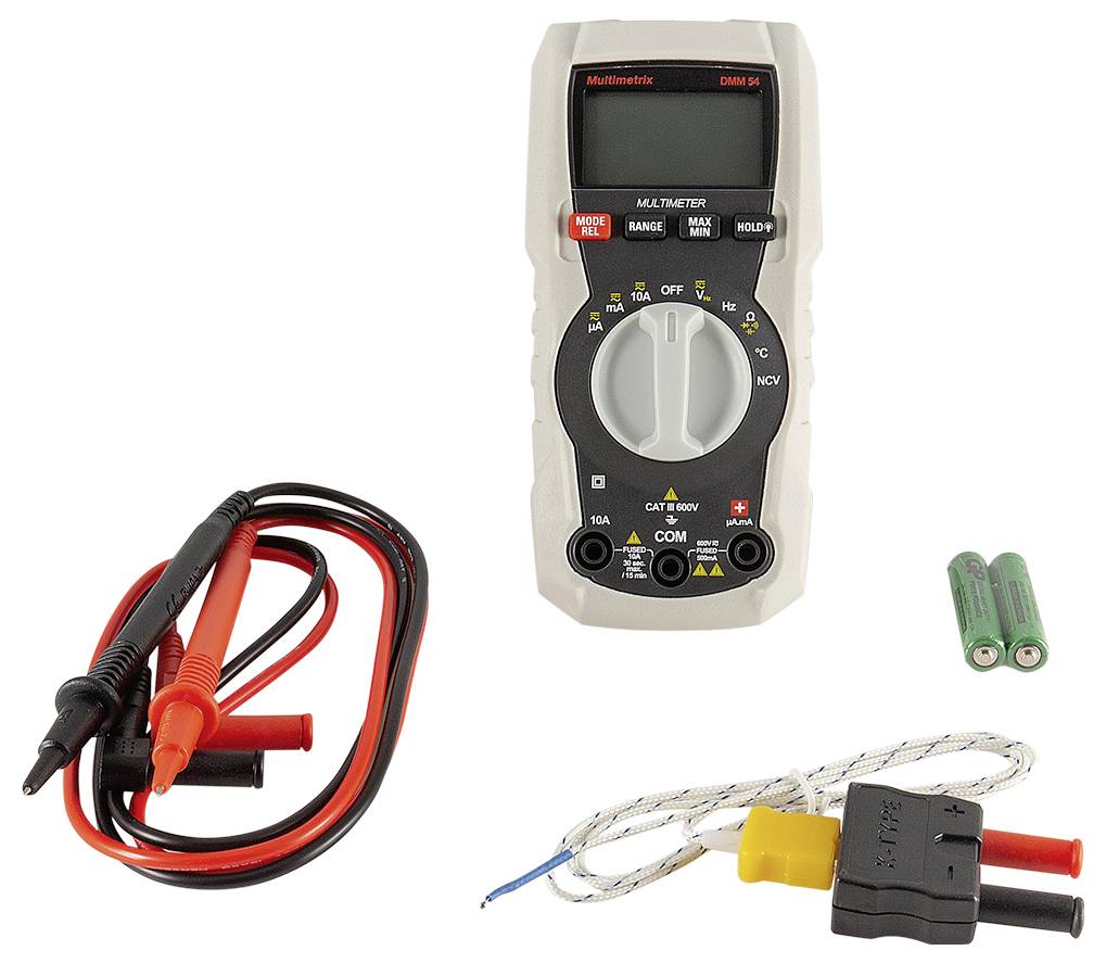 Digitálny multimeter s káblami, batériami a senzorom. Umožňuje meranie napätia, prúdu a odporu v elektroinštaláciách.