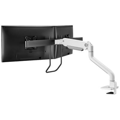 Duálny monitorový držiak s dvoma monitormi, namontovaný na pracovnom stole. Nastaviteľný pre ergonomickú prácu.