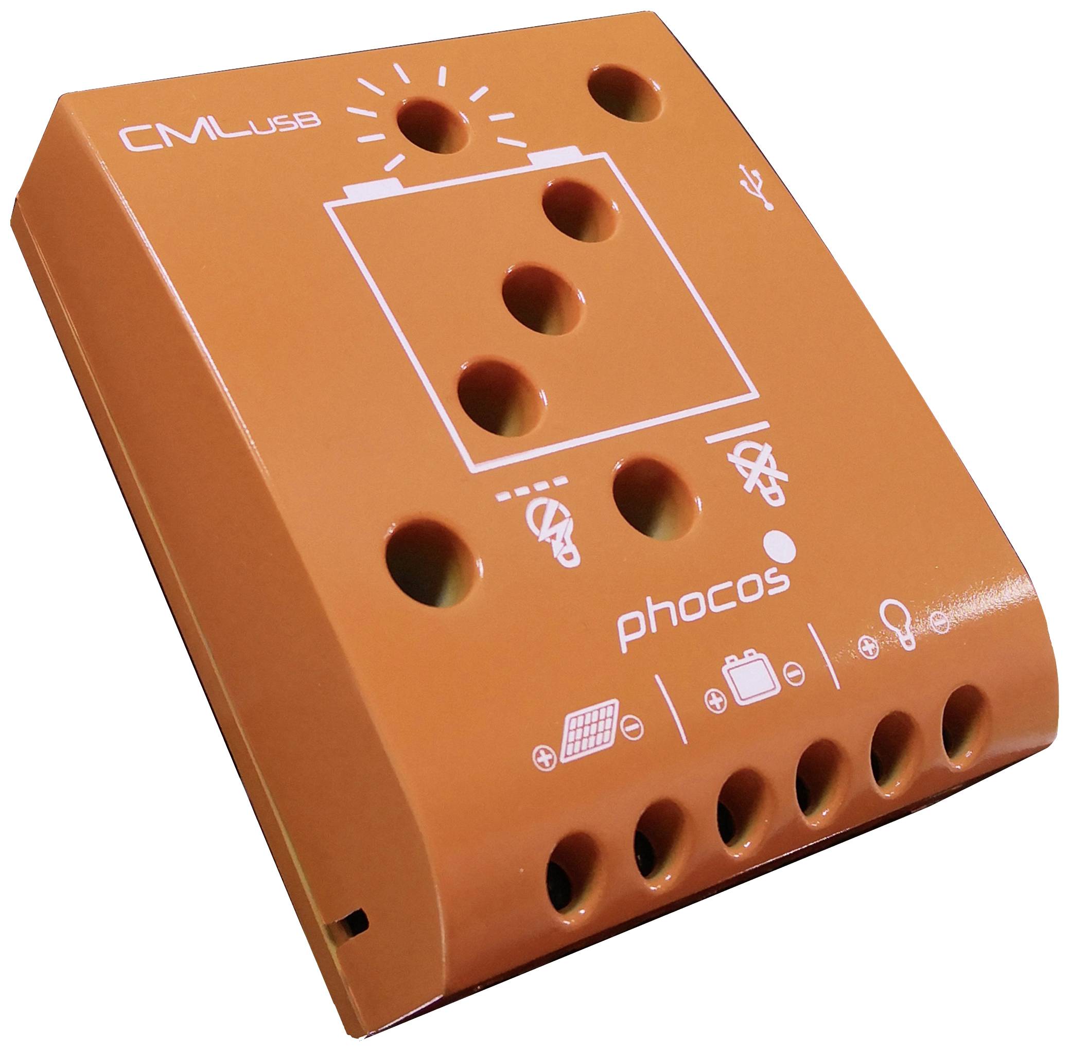 Oranžové zariadenie s viacerými otvormi, symbolmi solárnej energie a USB portom, s nápisom 'CML USB' a 'phocos'.