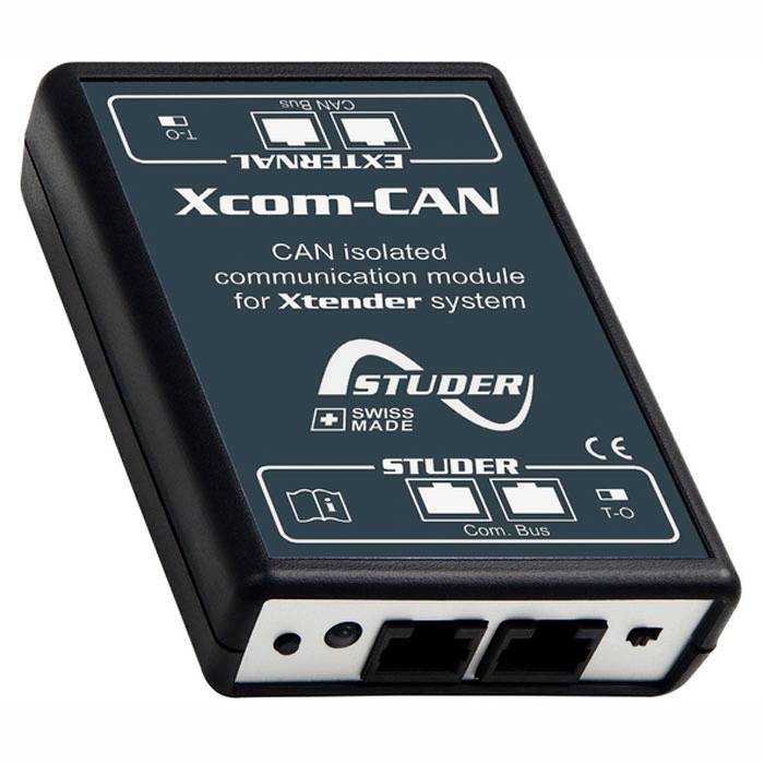 Čierne modem s nápisom 'Xcom-CAN' na izolovanú CAN komunikáciu v systéme Xtender od spoločnosti Studer.