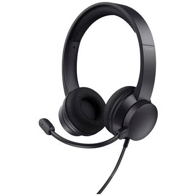 Čierne over-ear slúchadlá s flexibilným mikrofónovým ramenom, čalúnenými náušníkmi a káblovým pripojením. Navrhnuté pre pohodlné počúvanie.