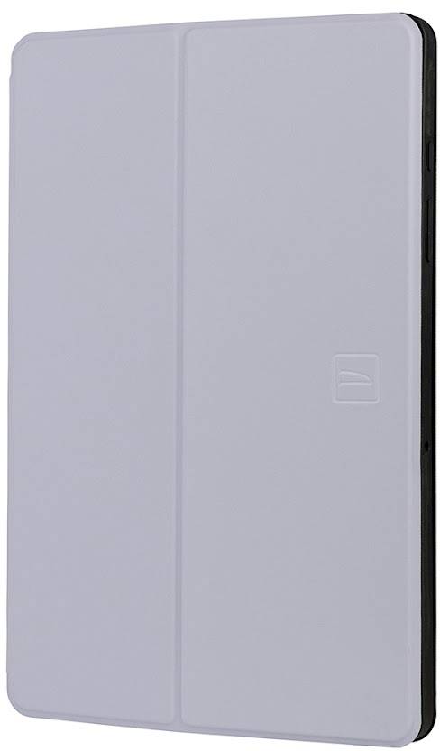 Sivý obal na tablet v zvislej polohe, zatvorený.