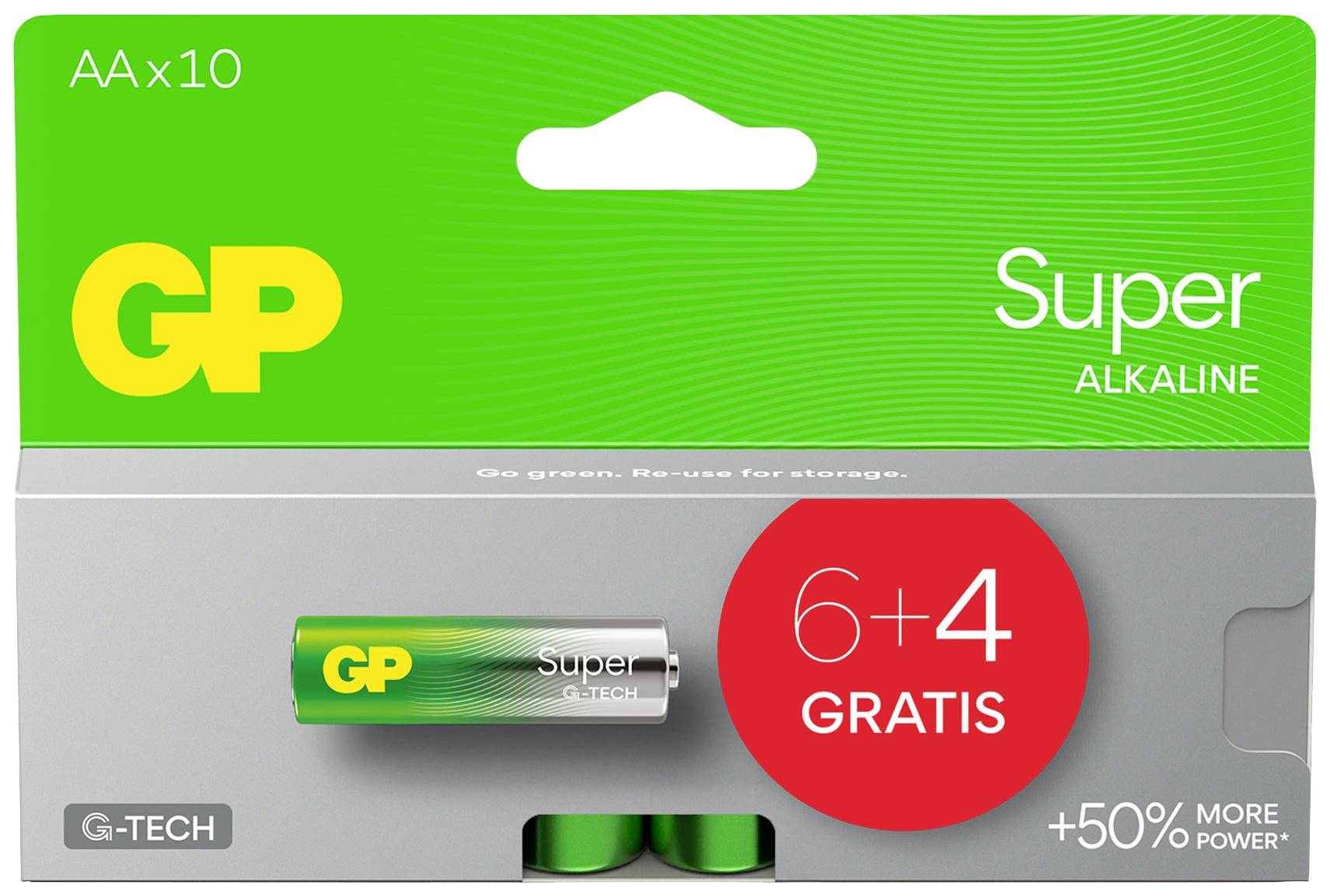 Balenie 10 GP Super alkalických batérií AA, 6 za regulárnu cenu, 4 zdarma. Vhodné pre zariadenia so strednou až vysokou spotrebou energie.
