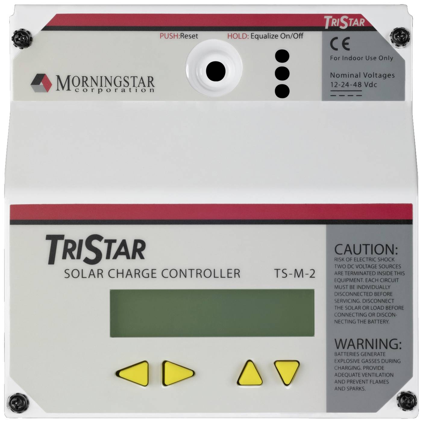 Solárny regulátor nabíjania od spoločnosti Morningstar s označením 'TriStar Solar Charge Controller TS-M-2'. Obsahuje bezpečnostné upozornenia pre použitie pri 12-24-48 Vdc.