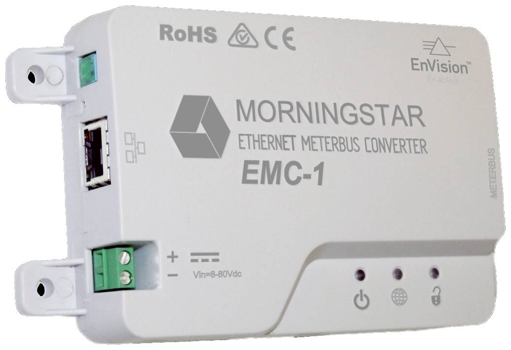 'Morningstar Ethernet Meterbus Converter EMC-1' v bielej farbe s prípojkami a napájacím napätím 'Vin=8-60Vdc'. Značenia: RoHS, CE, EnVision.