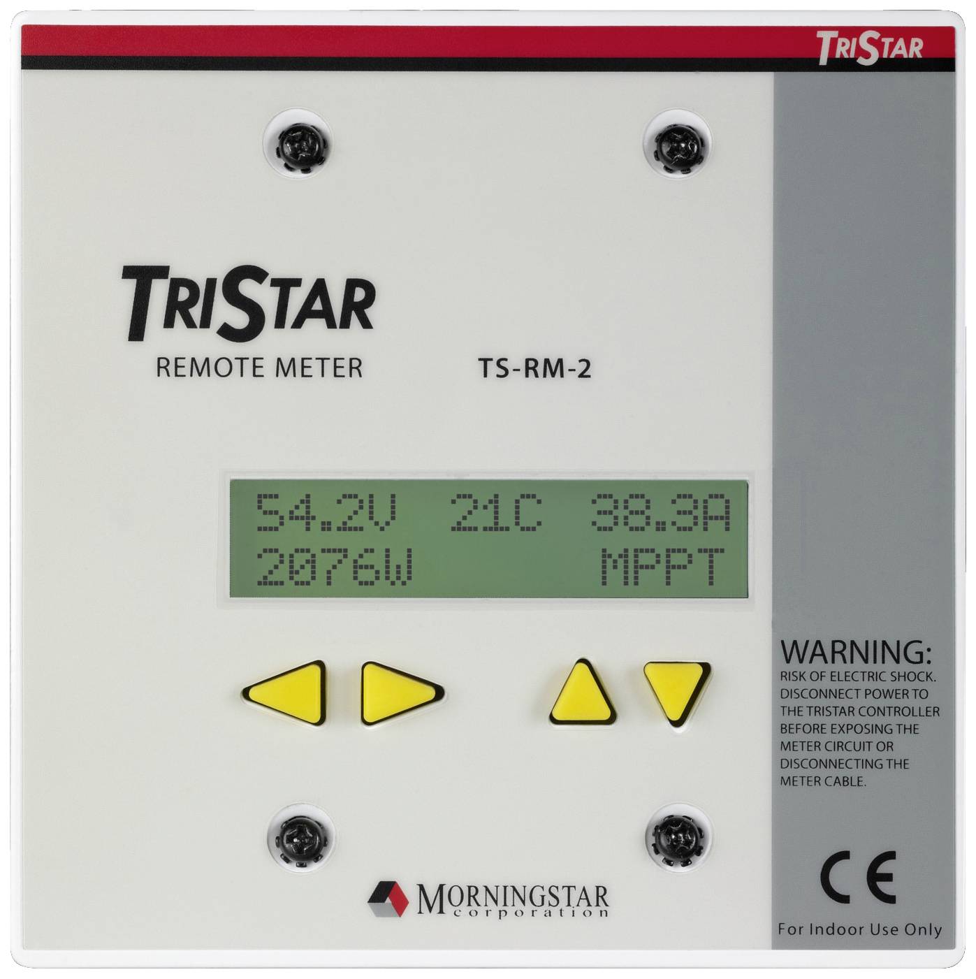 Displej diaľkovo ovládaného modelu TriStar Meter TS-RM-2. LCD zobrazuje '54,2V 21C 38,3A 2076W MPPT'. Výstražné upozornenia na pravej strane.