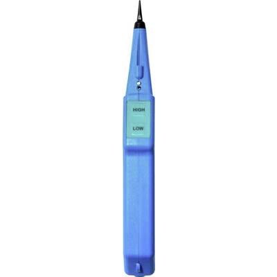 Modrý tester napätia s dvoma tlačidlami, označenými ako 'High' a 'Low', používaný na kontrolu elektrického napätia.