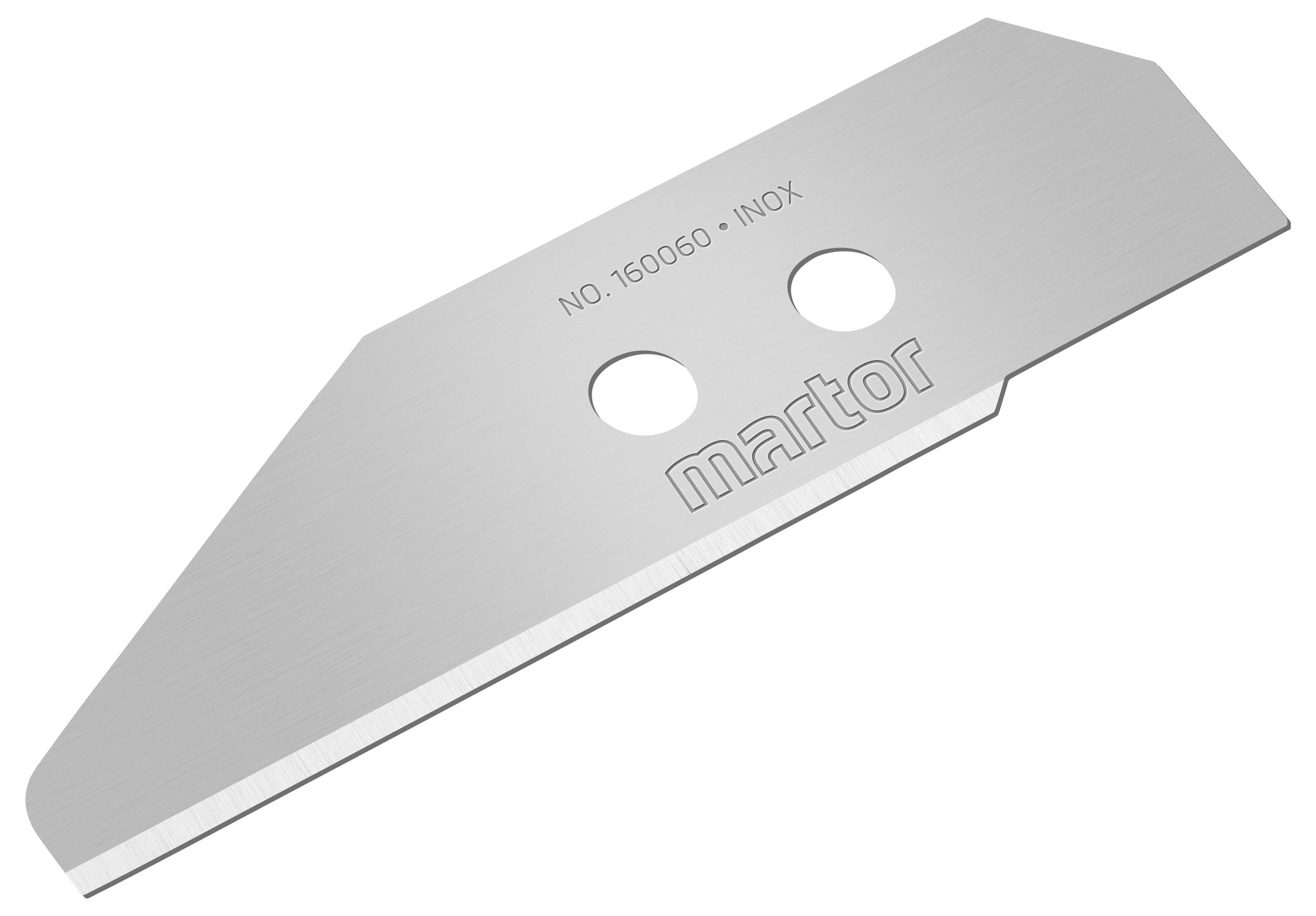 Strieborný náhradný nožík s dvomi kruhovými otvormi, s nápisom 'NO. 150060 - INOX', značka 'martor' vyrazená.