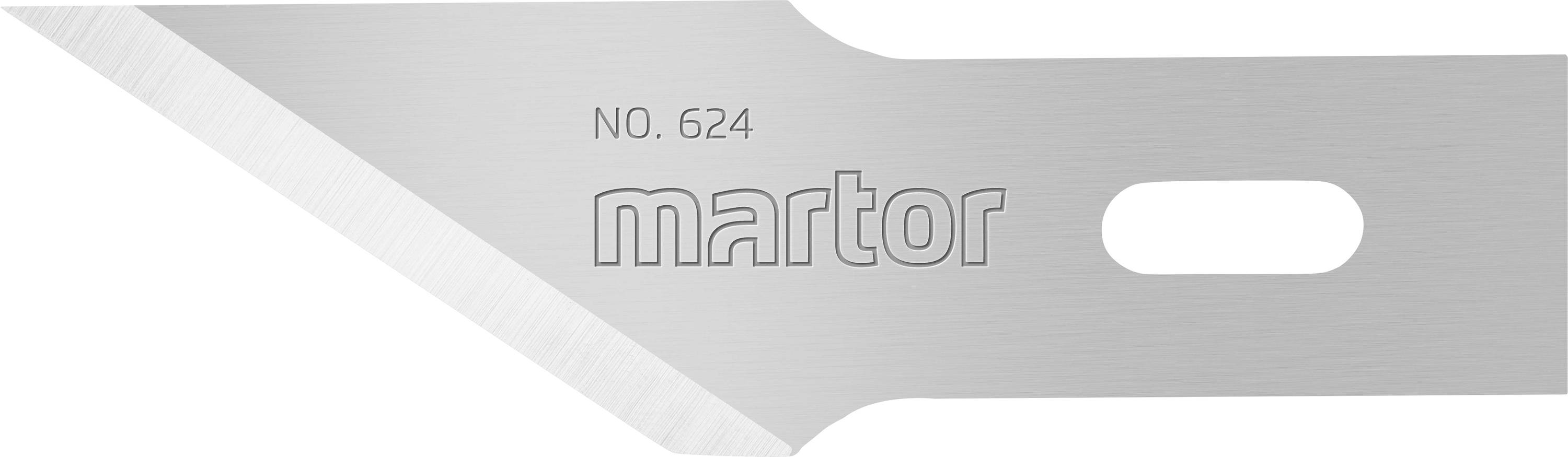 Strieborný rezací nôž s nápisom 'NO. 624' a 'martor', vľavo s ostrým hrotom a vpravo s oválnym otvorom.