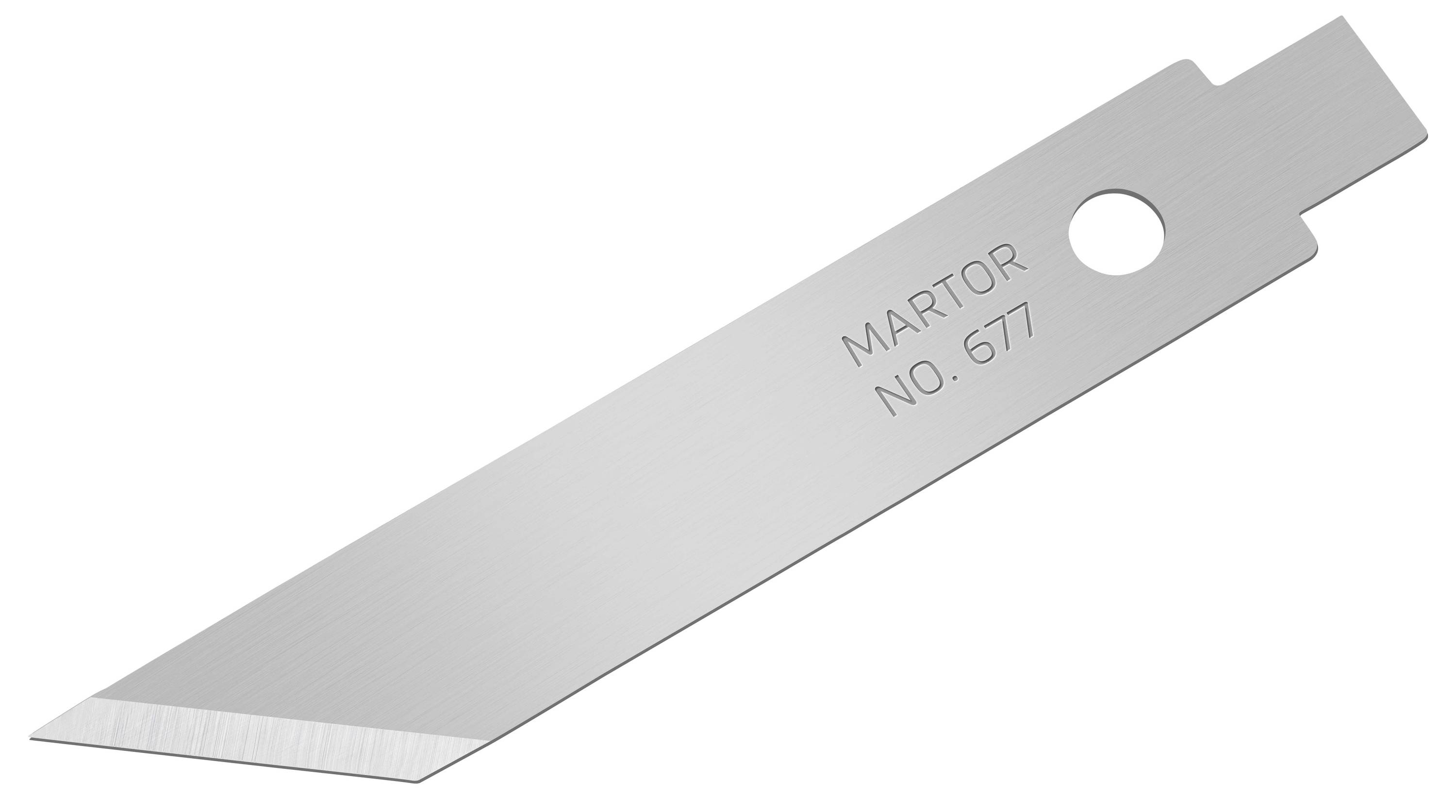 Strieborný náhradný nožík s nápisom 'MARTOR NO. 677' a upevňovacím otvorom.