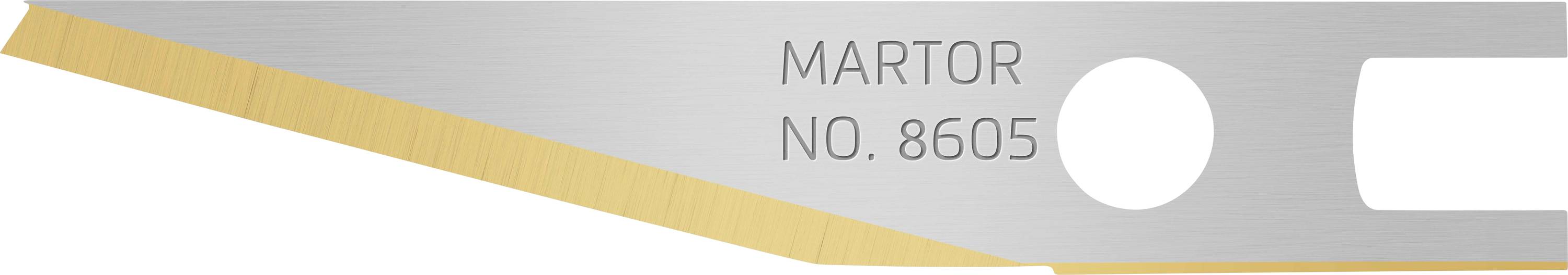Skosené ostrie s nápisom 'MARTOR NO. 8605', strieborné so zlatým okrajom, vhodné na presné rezanie.