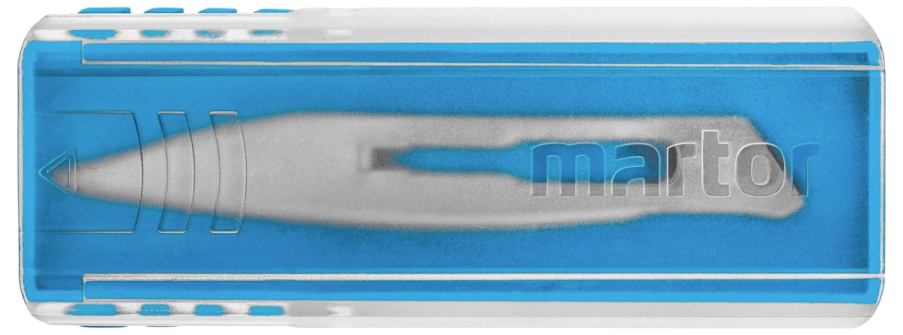 Modro-biele puzdro so strieborným kovovým nástrojom vnútri, logo 'martor' je viditeľné.