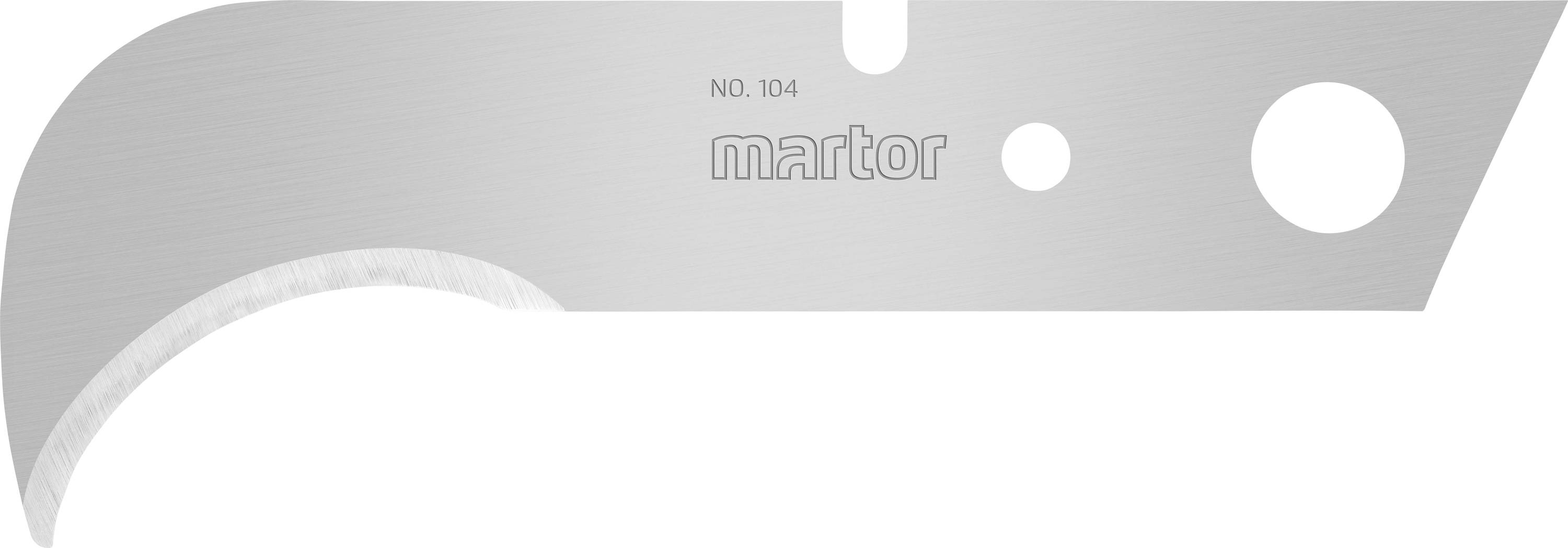 Strieborný náhradný nožík s nápisom 'NO. 104 martor'. Má zahnuté a ploché ostrie s niekoľkými kruhovými výrezmi.