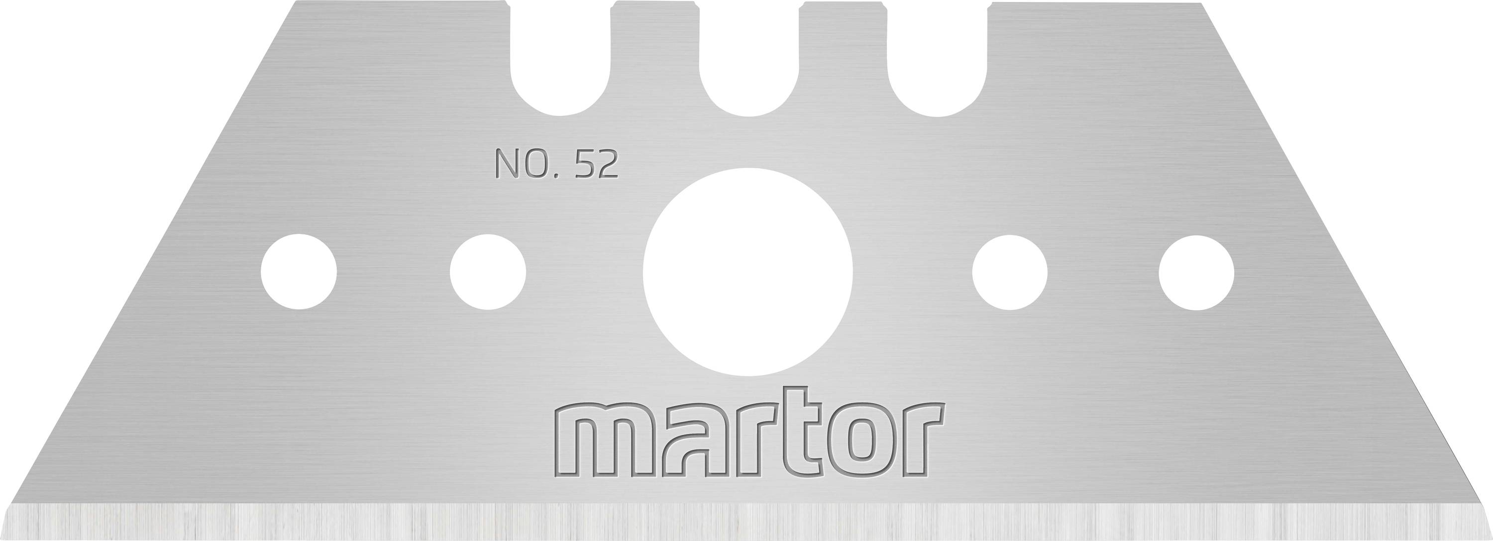 Trojuholníková náhradná čepeľ s centrálnym otvorom a tromi kruhovými výrezmi, označená nápisom 'NO. 52' a 'martor'.