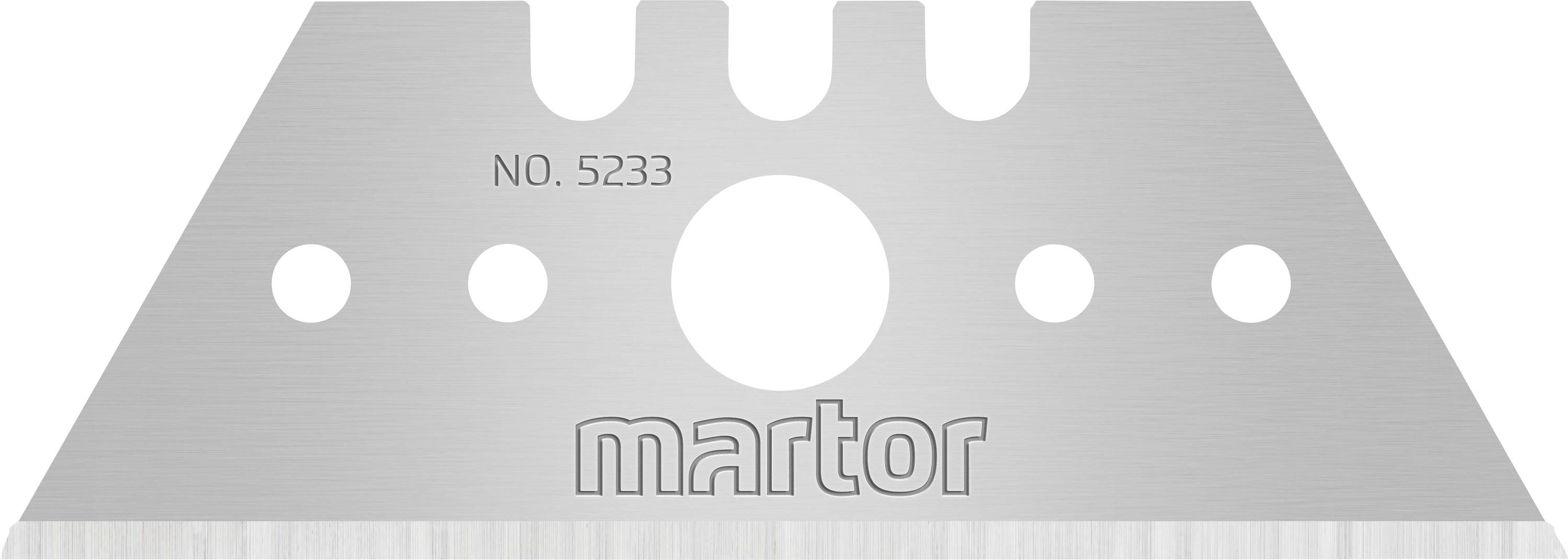 Fotografia čepele s nápisom 'martor' a 'NO. 5233' znázorňuje striebornú lichobežníkovú čepeľ so štyrmi otvormi na upevnenie.