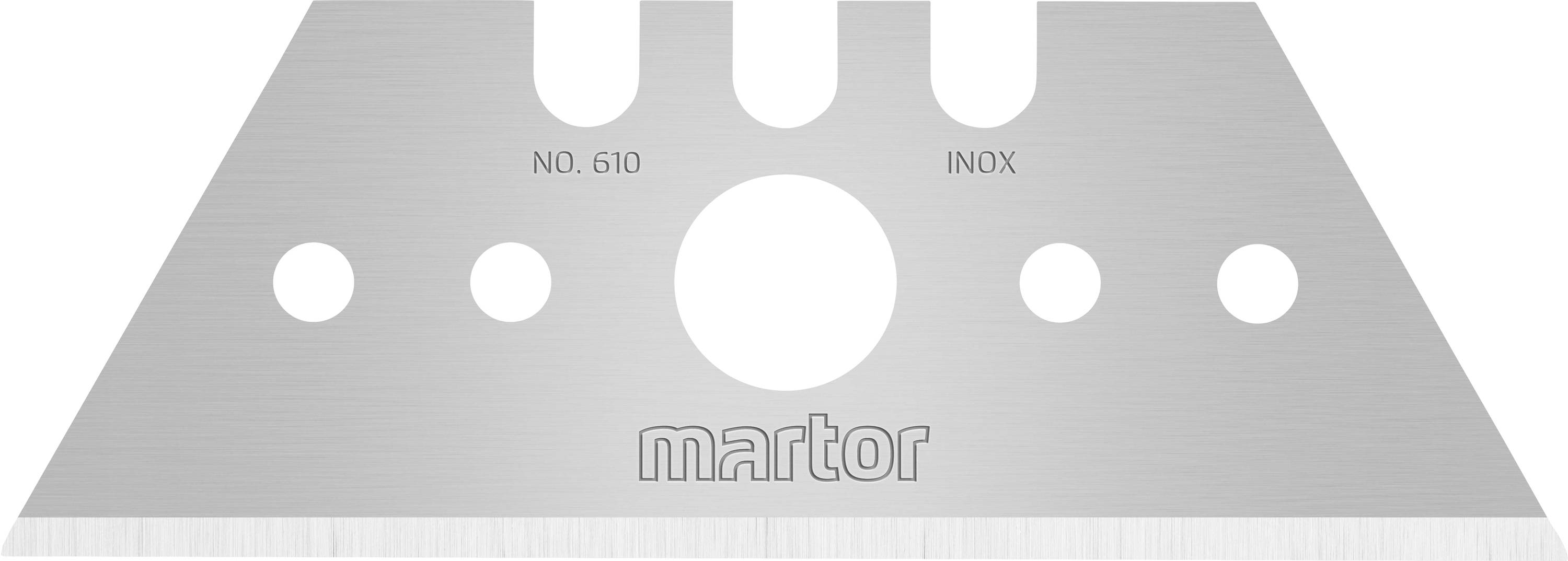 Trojuholníková čepeľ s piatimi otvormi. Nápis 'NO. 610 INOX' a 'martor'. Strieborná farba.