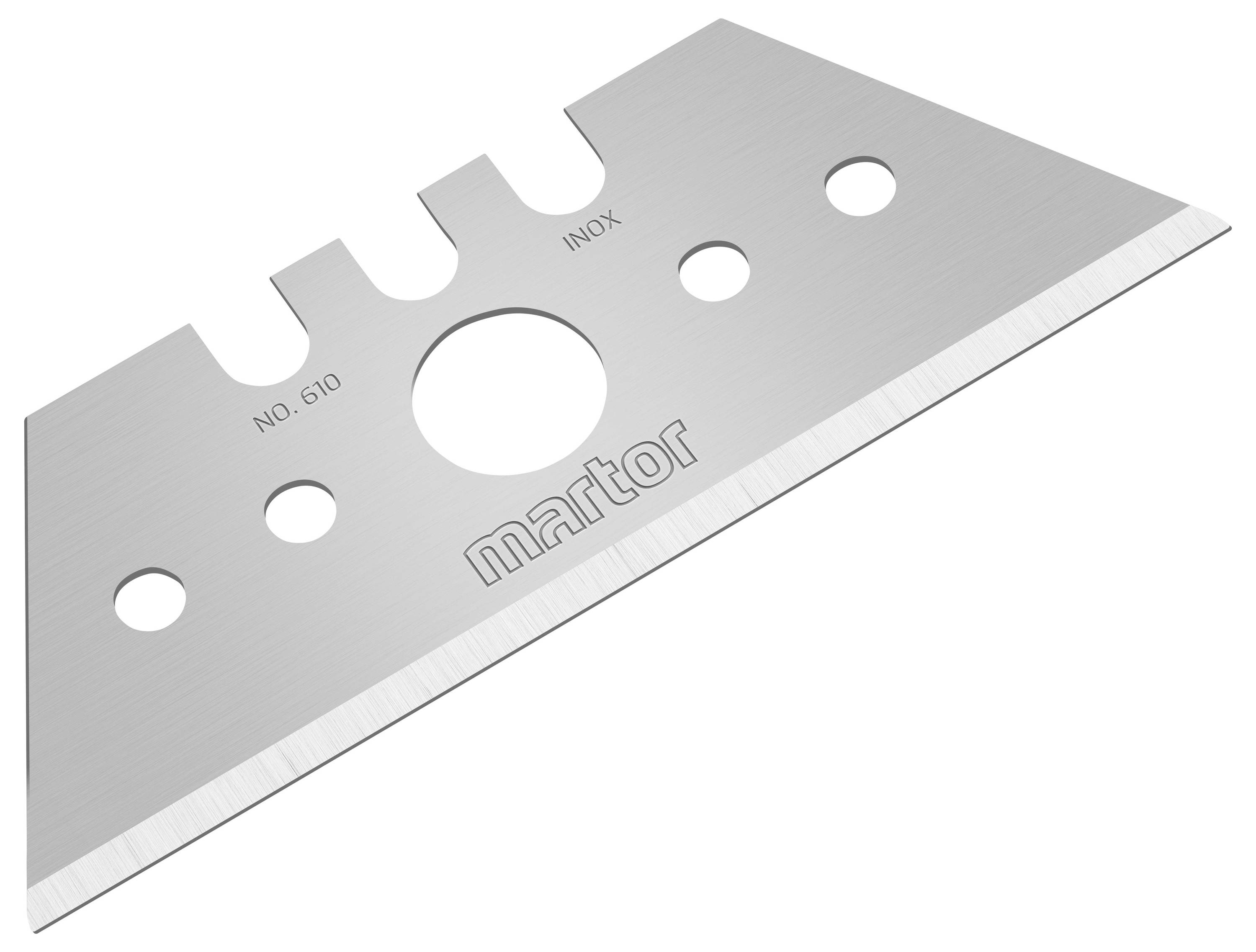 Náhradná čepeľ z kovu s viacerými otvormi rôznych veľkostí a nápisom 'Martor No. 610 INOX'.