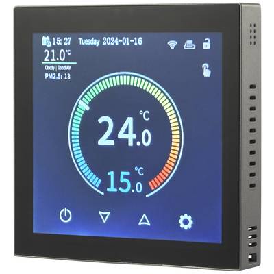 Elektronický displej zobrazuje informácie o prostredí: Teplota 24°C, Kvalita vzduchu 'Dobrý vzduch'. Dátum a čas hore.