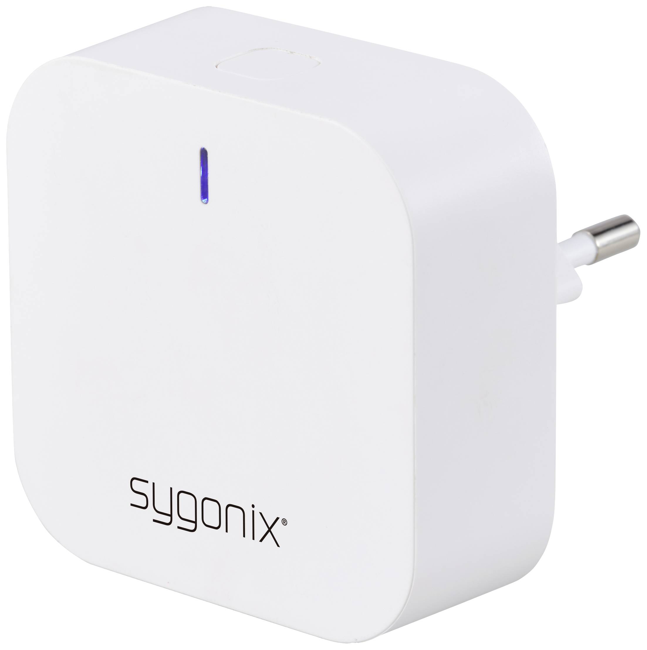Biele, štvorhranné smart home zariadenie so zaoblenými rohmi a modrým LED svetlom. Nápis: 'sygonix'.