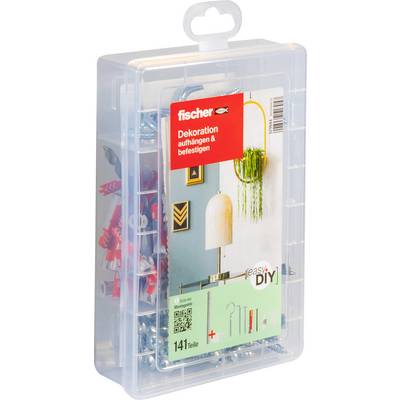 Číra plastová viečka na zavesenie so súpravou DIY Fischer 'Dekorácia zavesiť a upevniť' vnútri, zobrazujúca nástroje a 141 kusov.
